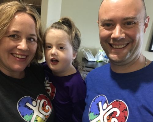 IMG_3470 Emily, Greg and Molly Wilkinson wearing their awareness t-shirts at the XGS family conference 2018
